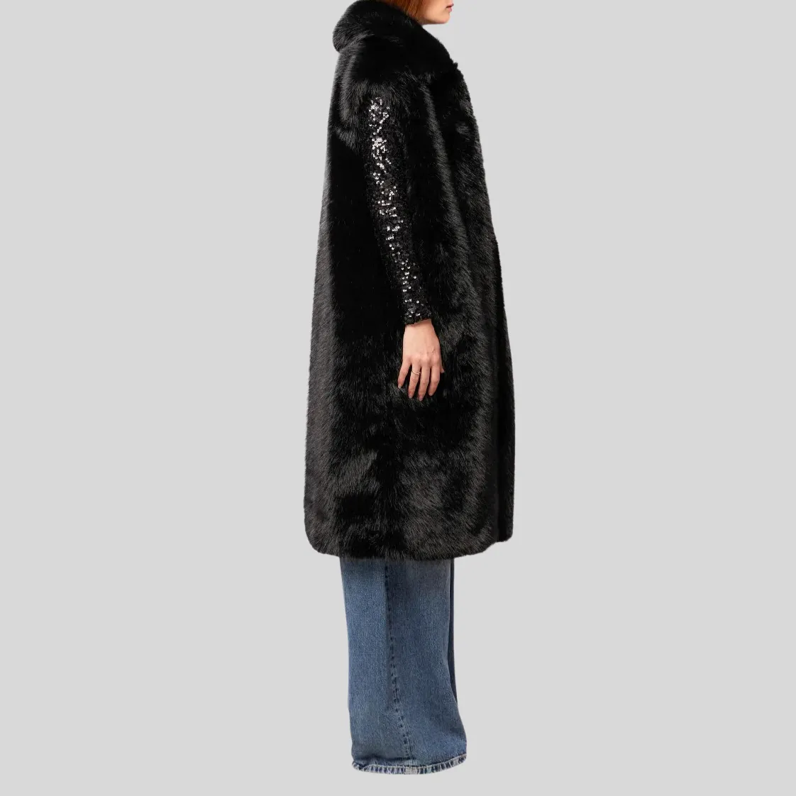 Faux Fur Sleeveless Long Coat - Black