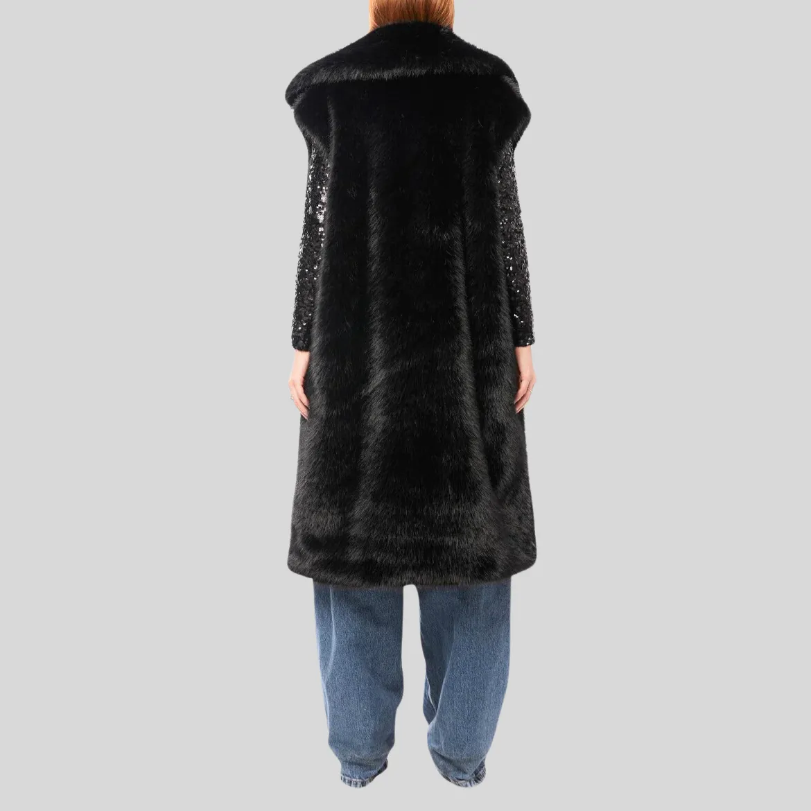 Faux Fur Sleeveless Long Coat - Black