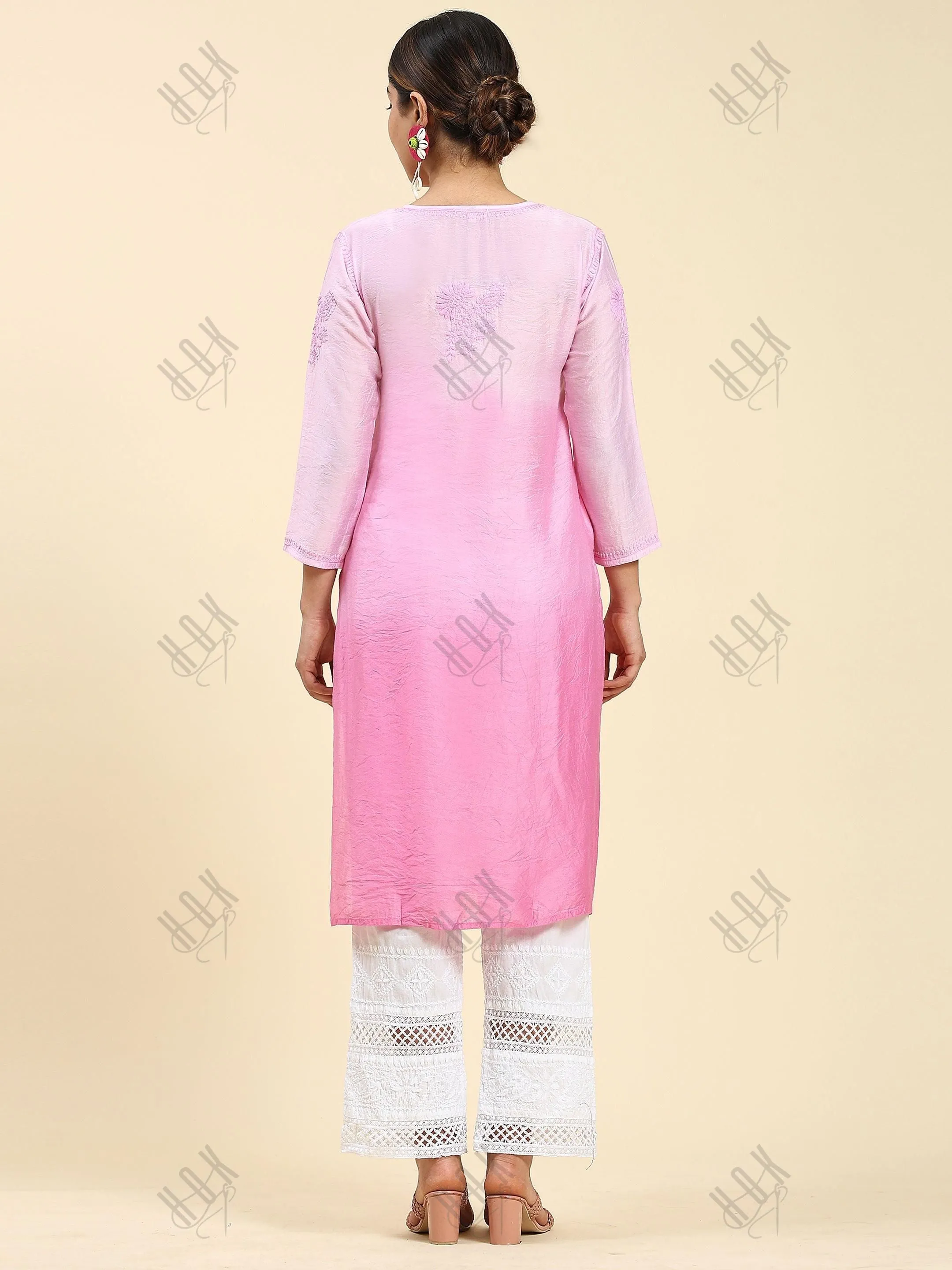 Fizaa Chikankari Long Kurta Notch neck in Chanderi Silk for Women - Rani Pink