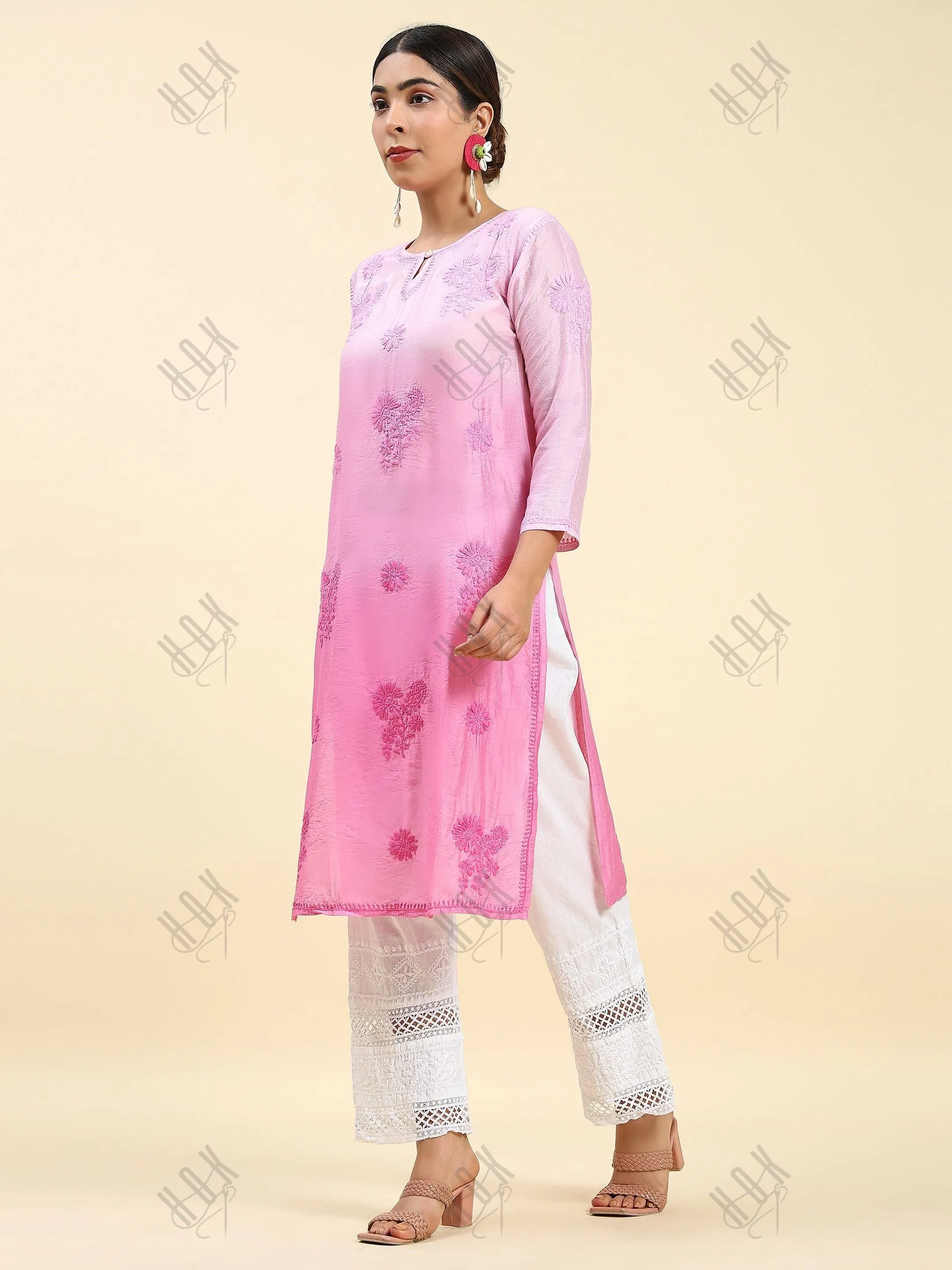 Fizaa Chikankari Long Kurta Notch neck in Chanderi Silk for Women - Rani Pink