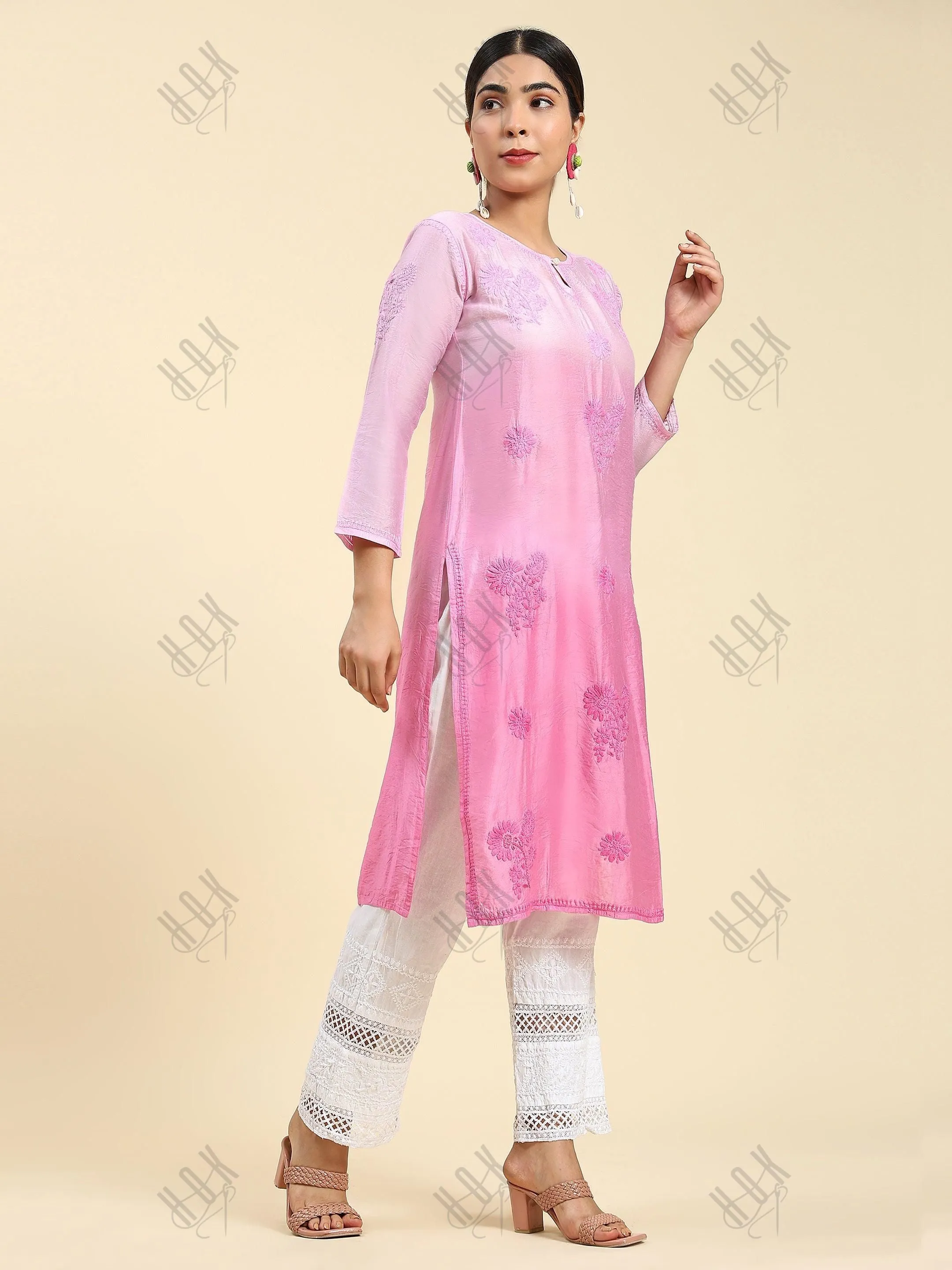 Fizaa Chikankari Long Kurta Notch neck in Chanderi Silk for Women - Rani Pink