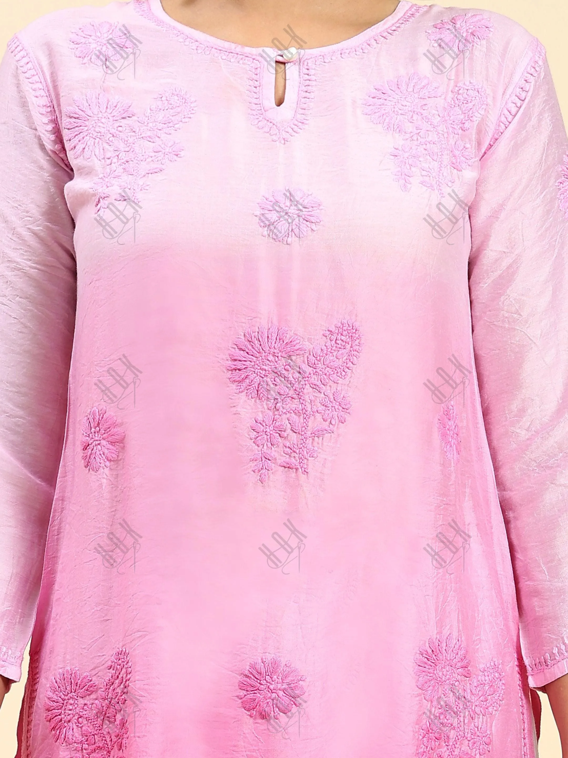 Fizaa Chikankari Long Kurta Notch neck in Chanderi Silk for Women - Rani Pink