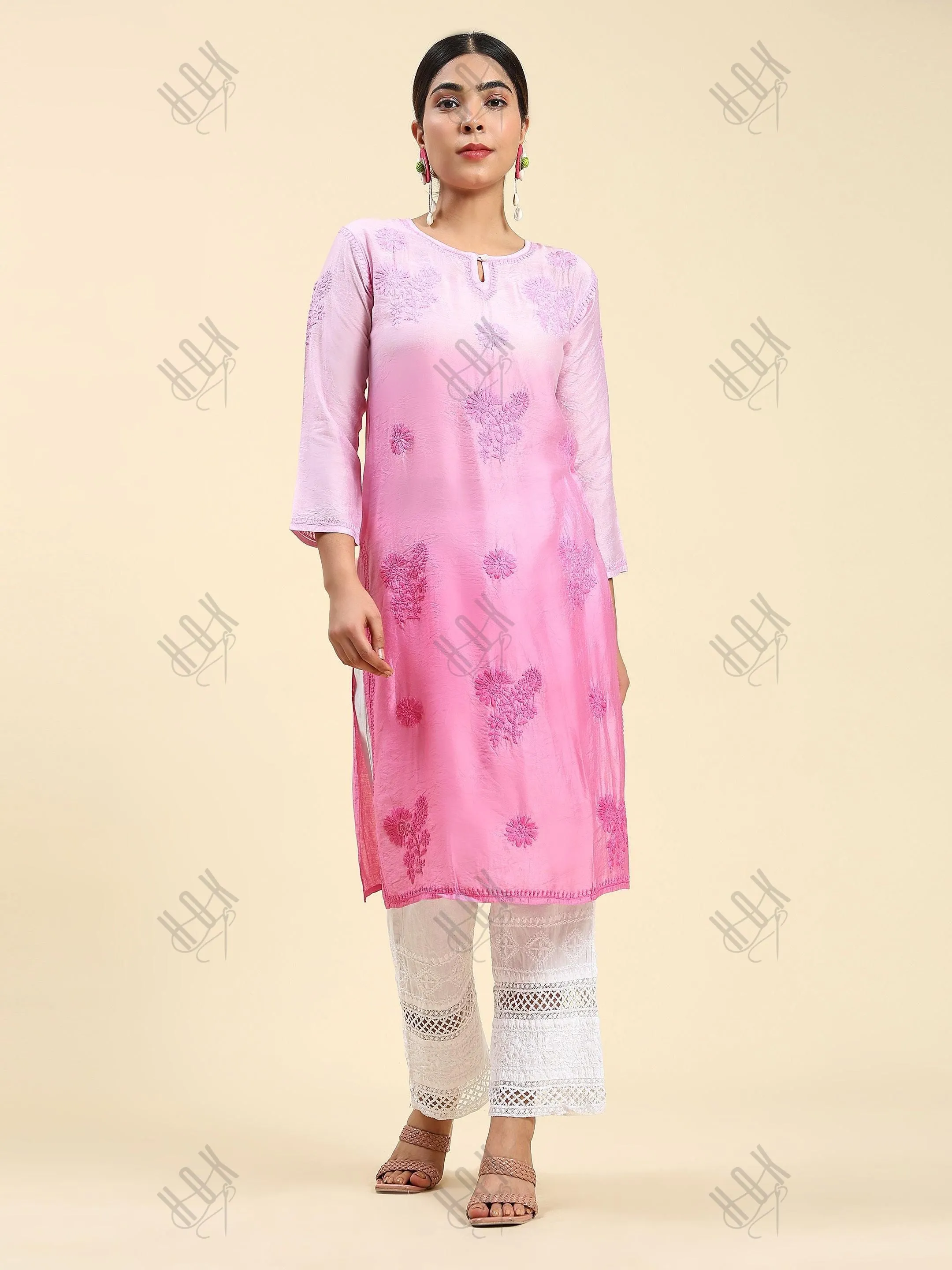 Fizaa Chikankari Long Kurta Notch neck in Chanderi Silk for Women - Rani Pink