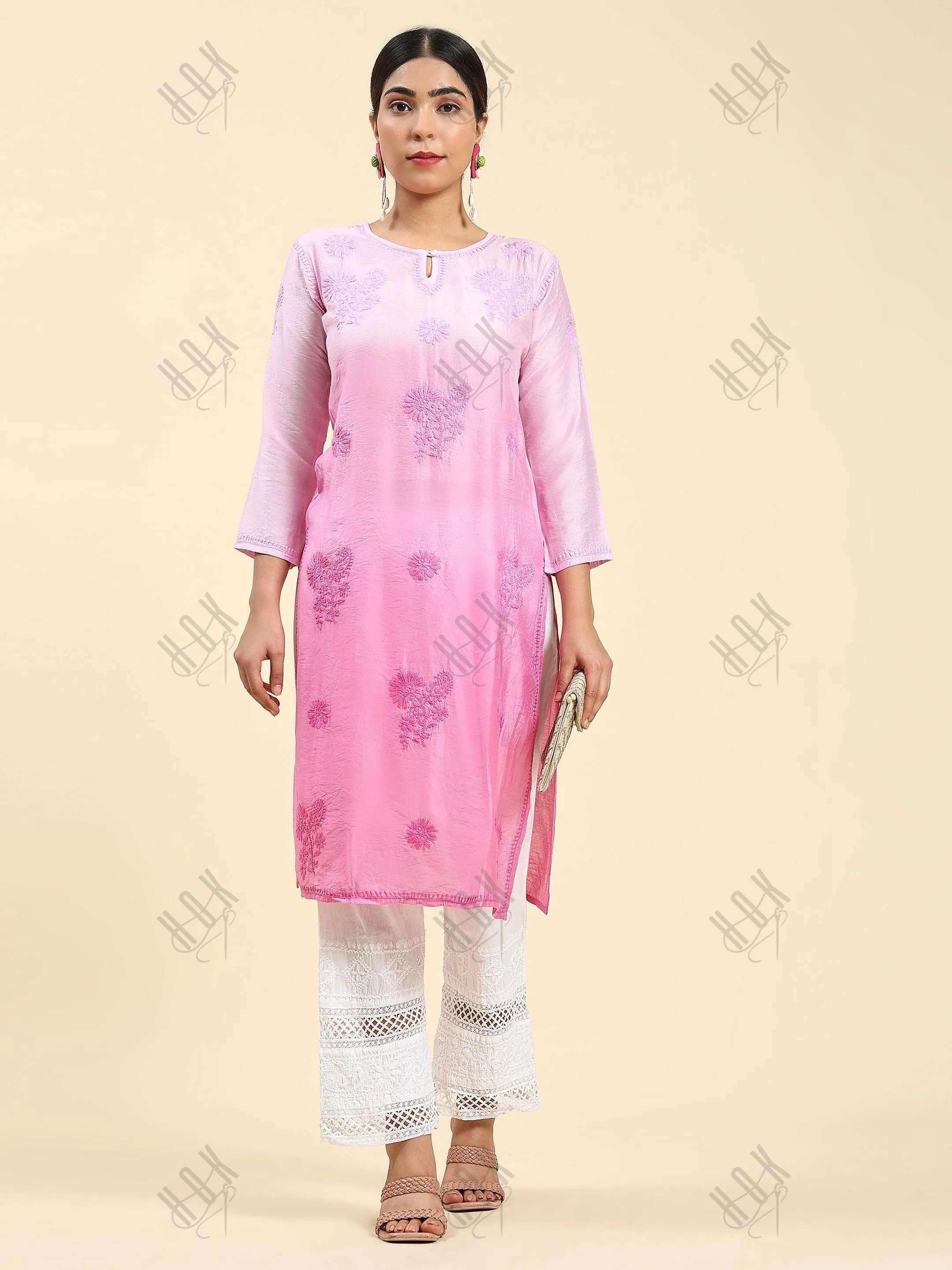 Fizaa Chikankari Long Kurta Notch neck in Chanderi Silk for Women - Rani Pink