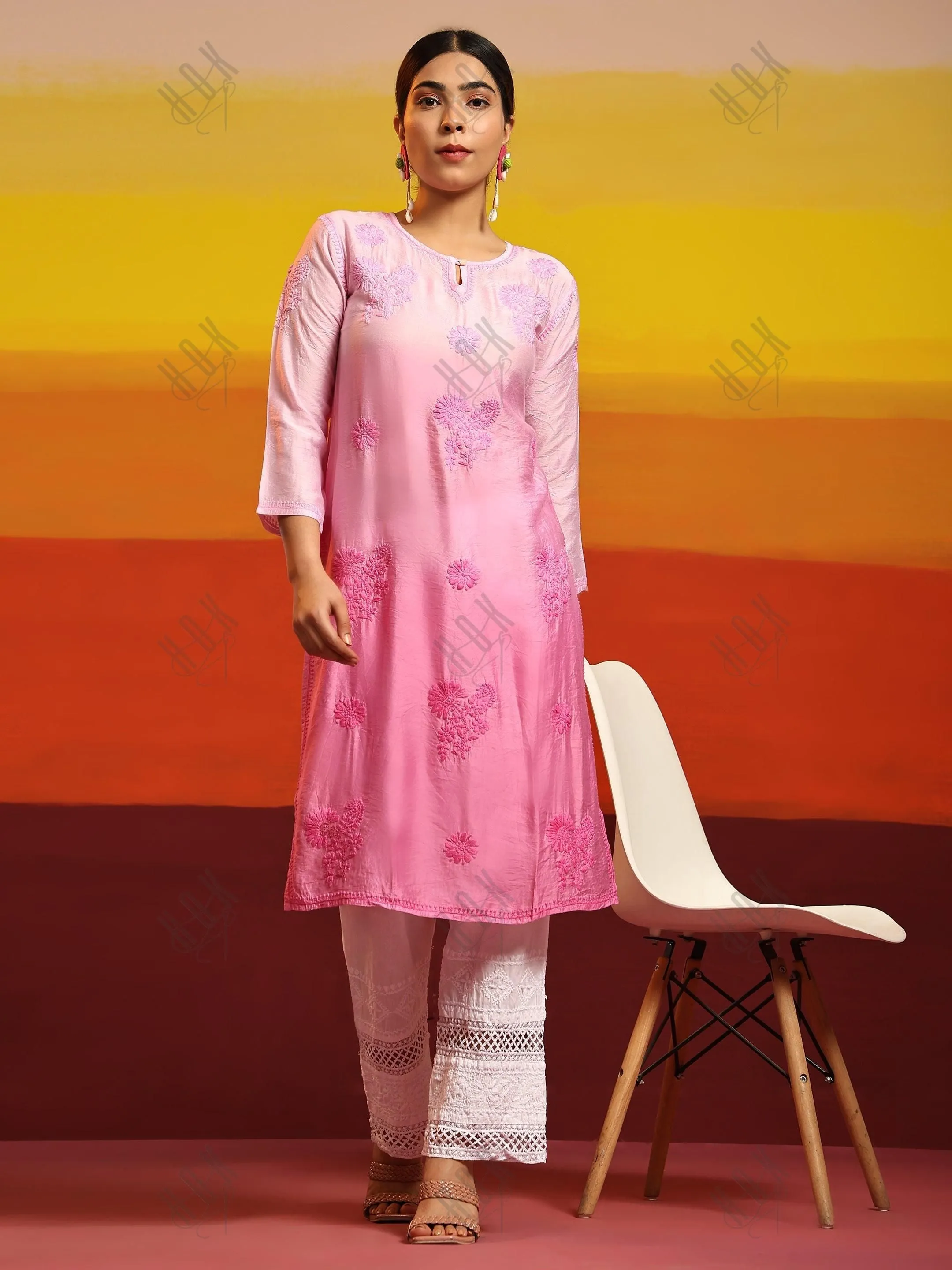 Fizaa Chikankari Long Kurta Notch neck in Chanderi Silk for Women - Rani Pink