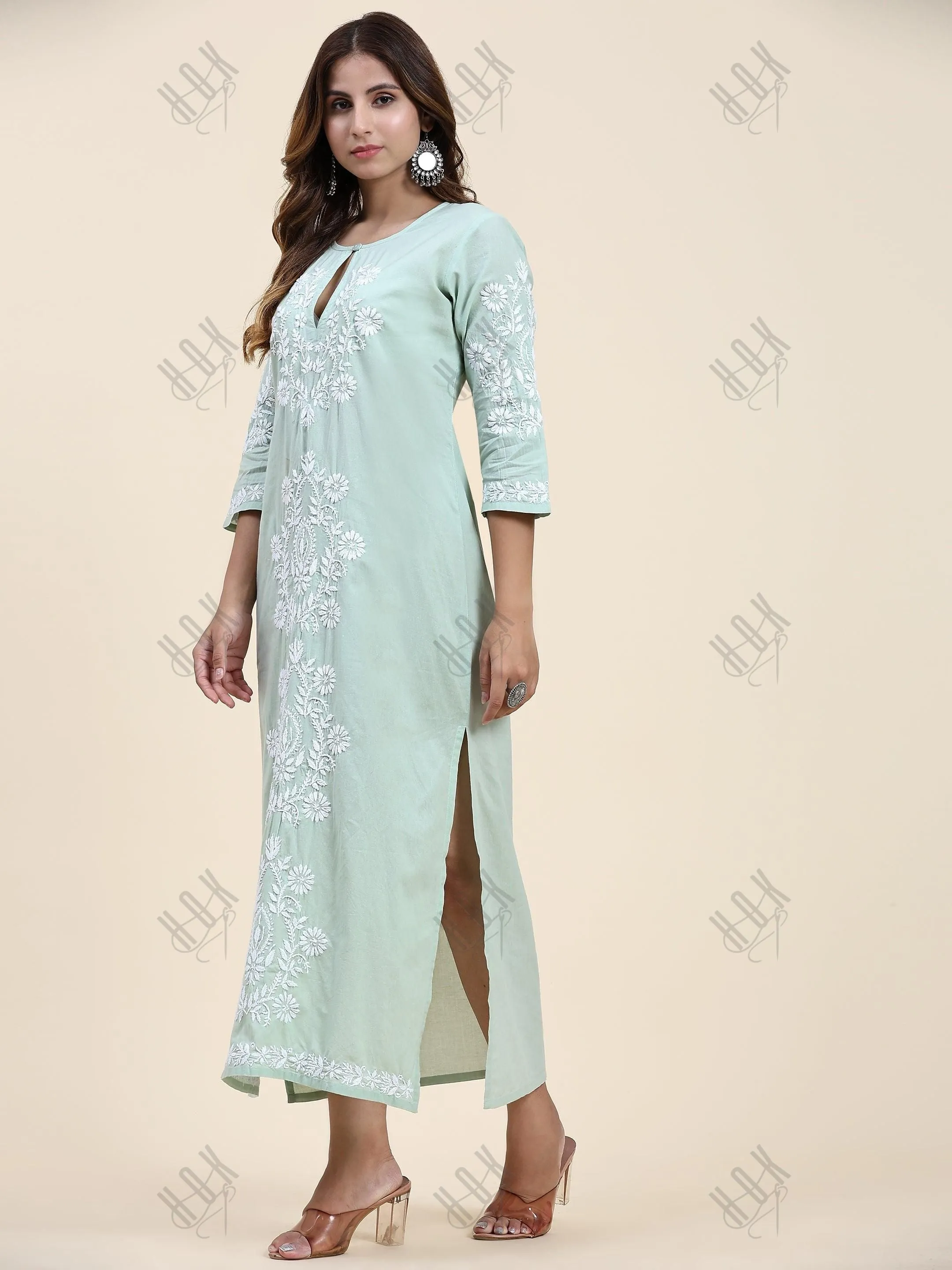 Fizaa Chikankari Long Kurti In Cotton for Women- Mint Green