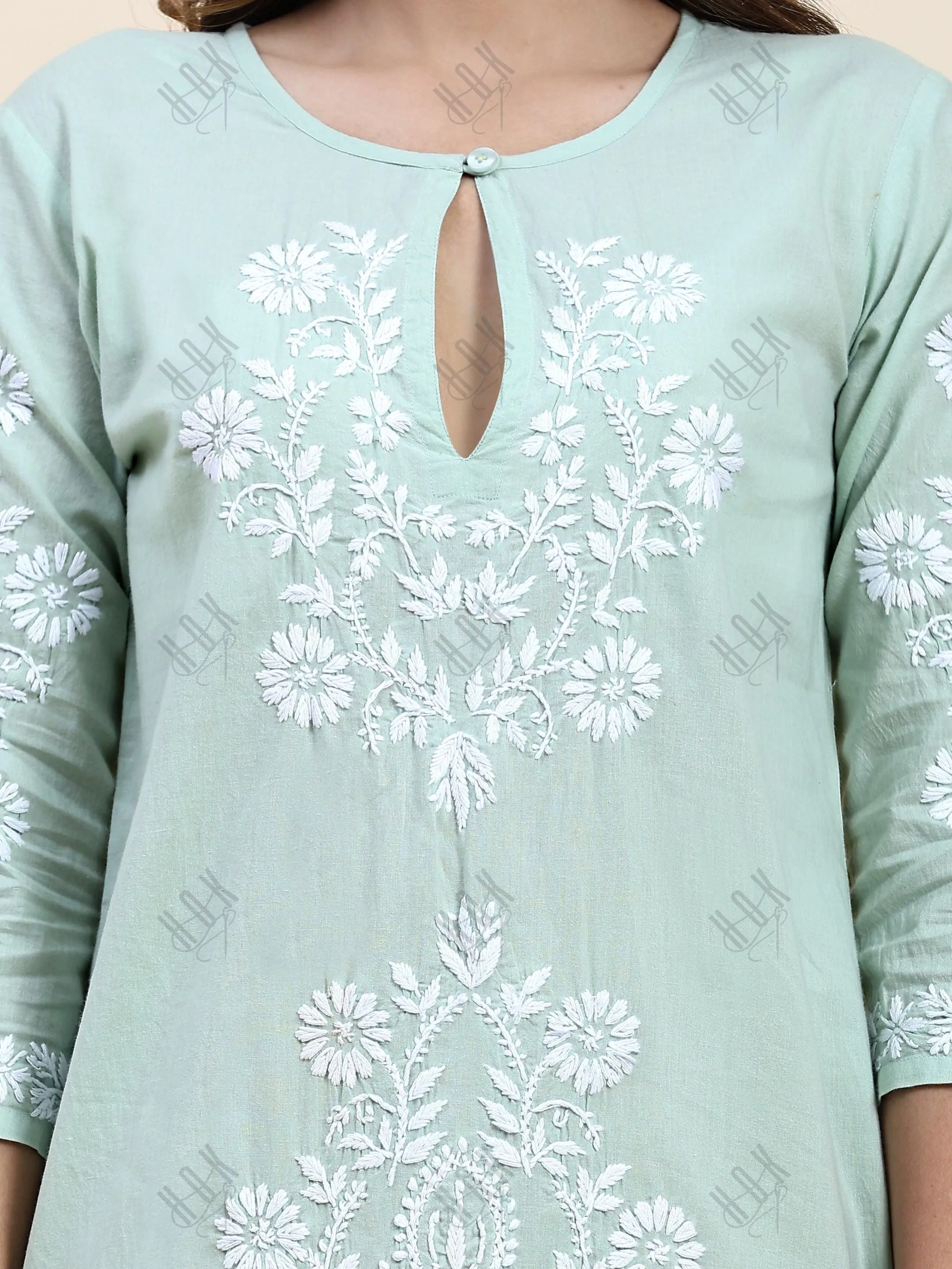 Fizaa Chikankari Long Kurti In Cotton for Women- Mint Green