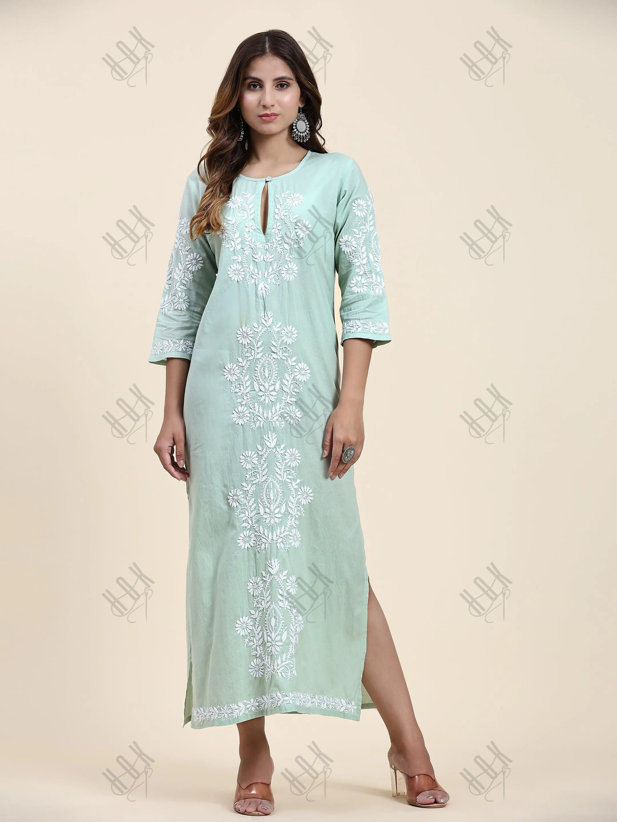 Fizaa Chikankari Long Kurti In Cotton for Women- Mint Green