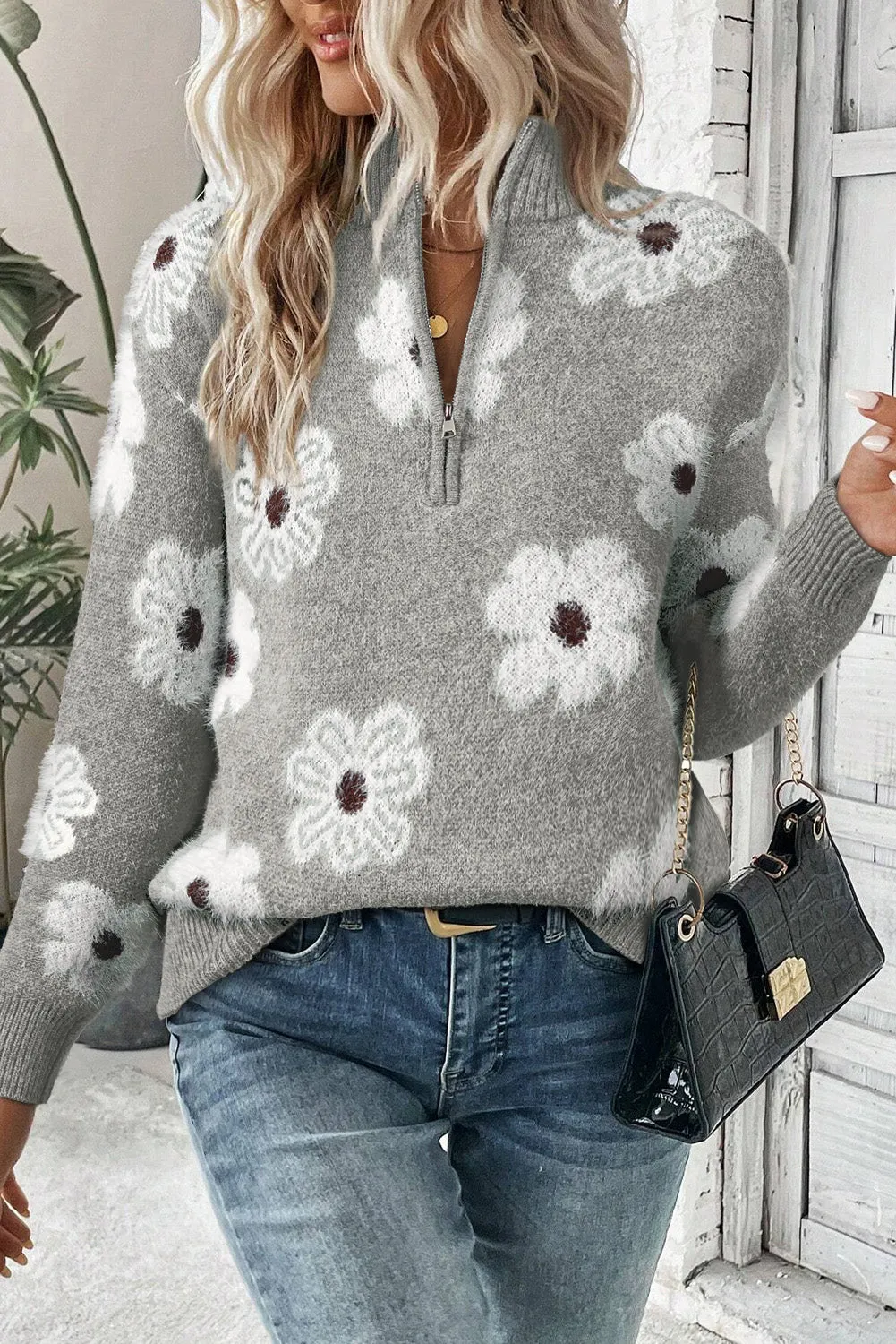 Gray Floral Pattern Half Zip Drop Shoulder Sweater