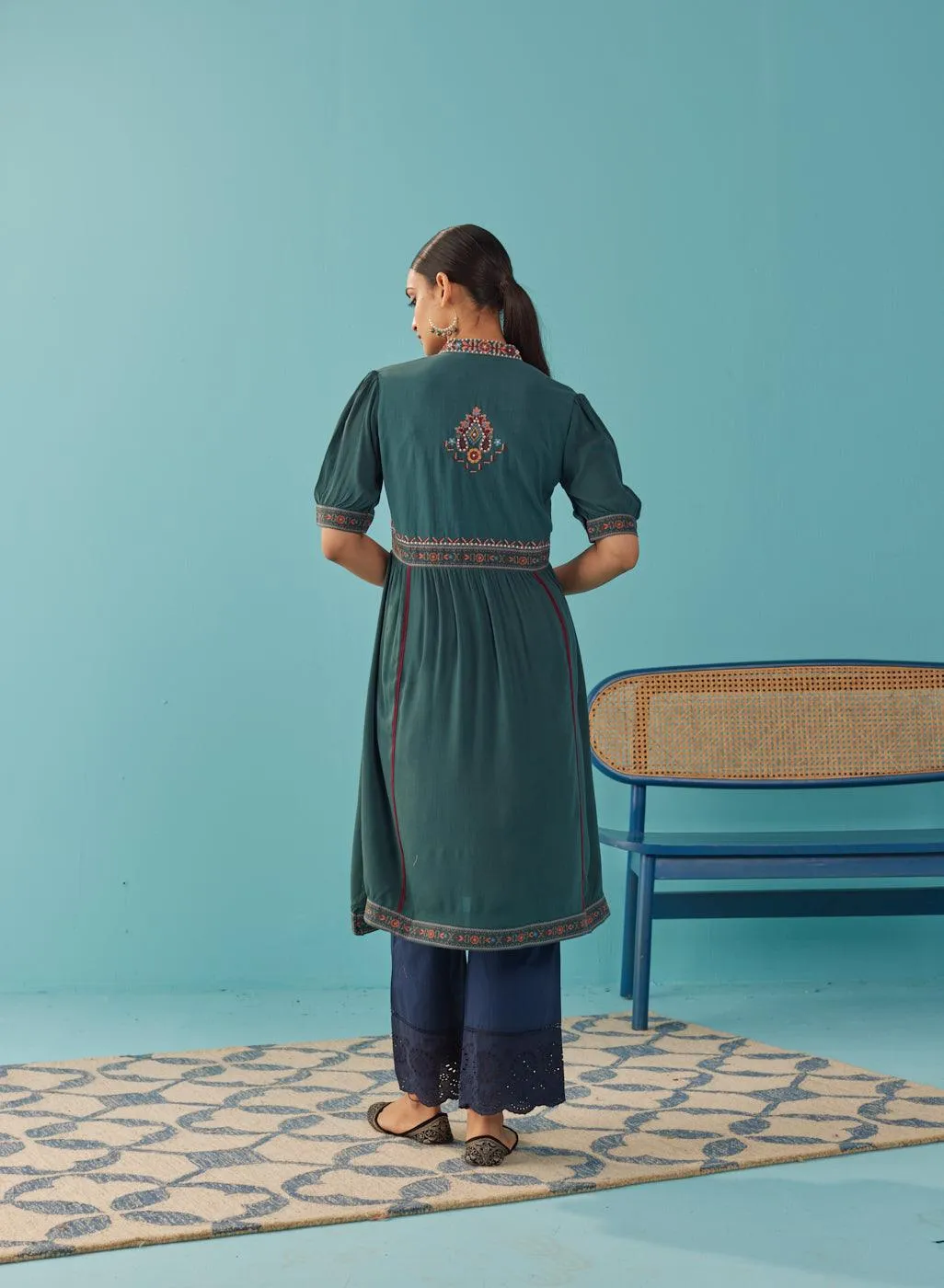 Green A Line Dress with Puffed Sleeve and Stylized Neck