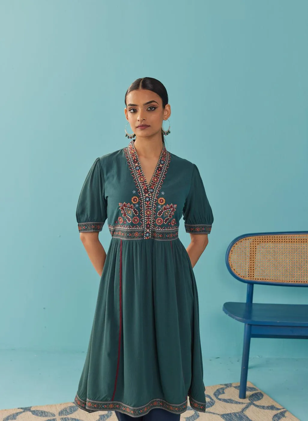 Green A Line Dress with Puffed Sleeve and Stylized Neck