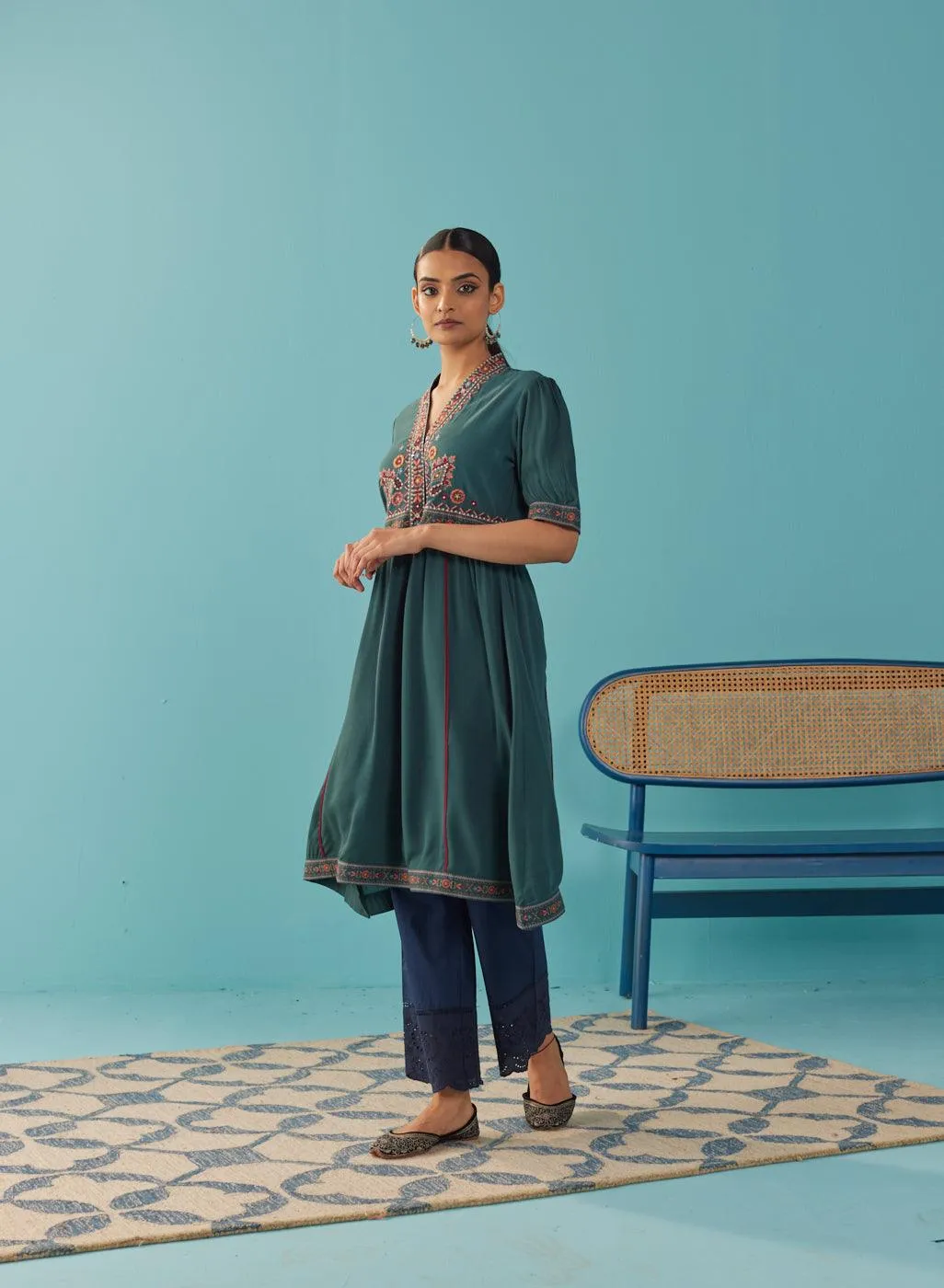 Green A Line Dress with Puffed Sleeve and Stylized Neck