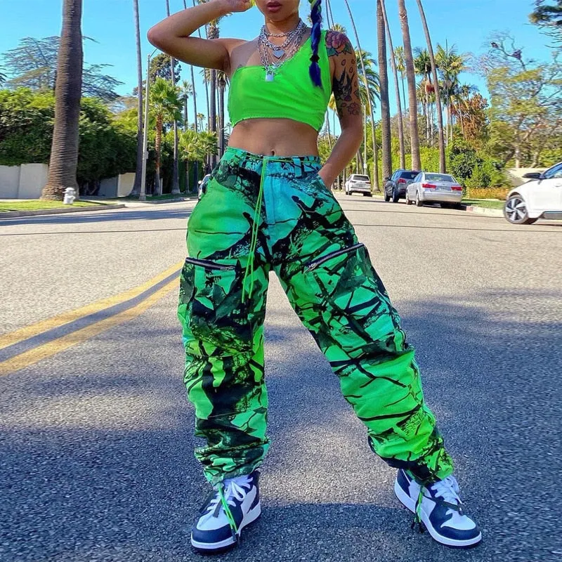 Green Punk Tie Dye Print Oversized Cargo Pants for Women