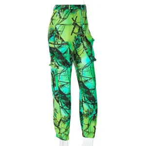 Green Punk Tie Dye Print Oversized Cargo Pants for Women