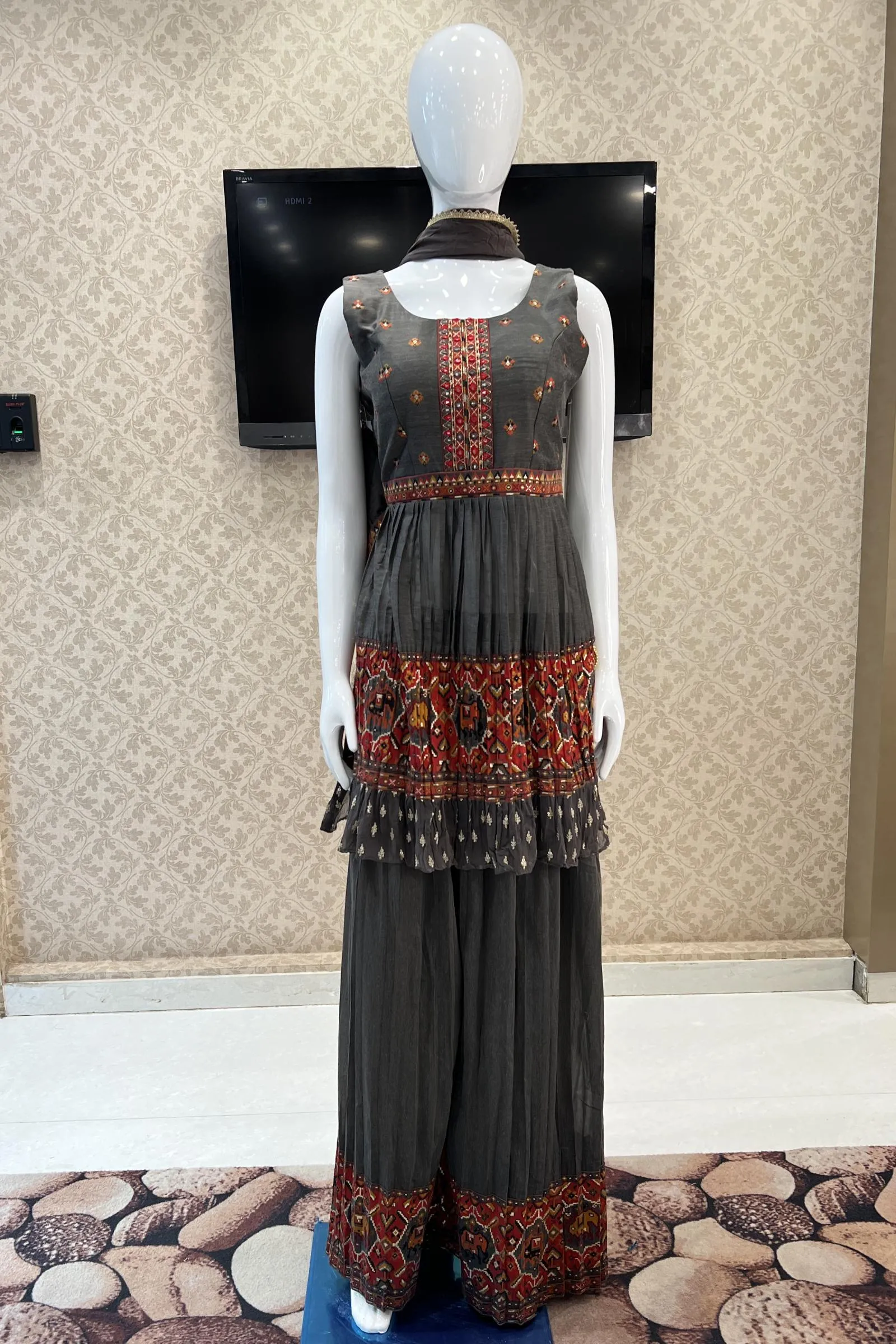 Grey Ikat Print, Mirror and Thread work Salwar Suit with Palazzo Pants