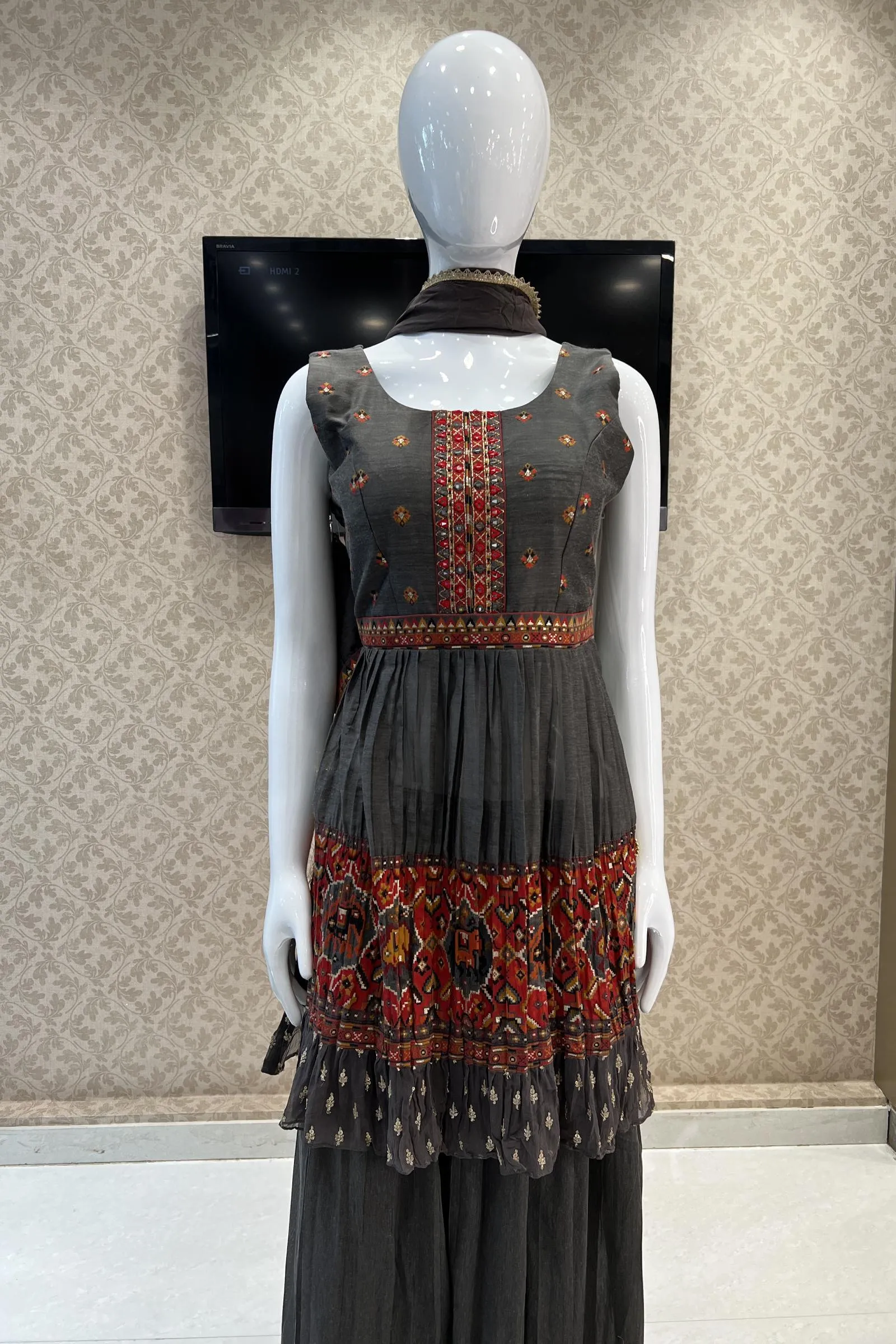 Grey Ikat Print, Mirror and Thread work Salwar Suit with Palazzo Pants