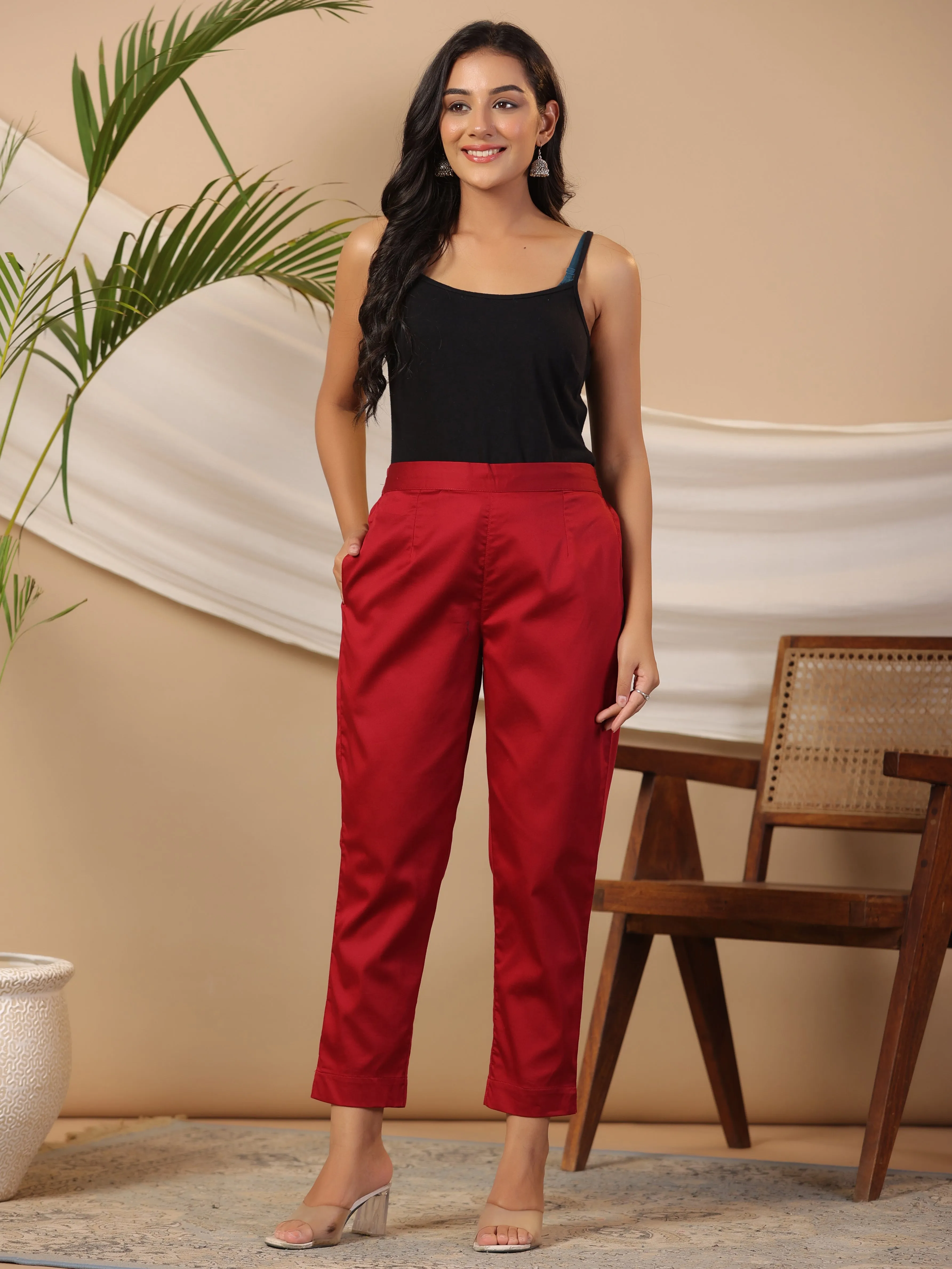 Jashvi Maroon Solid Lycra Women Drawstring Pants With Single Side Pocket