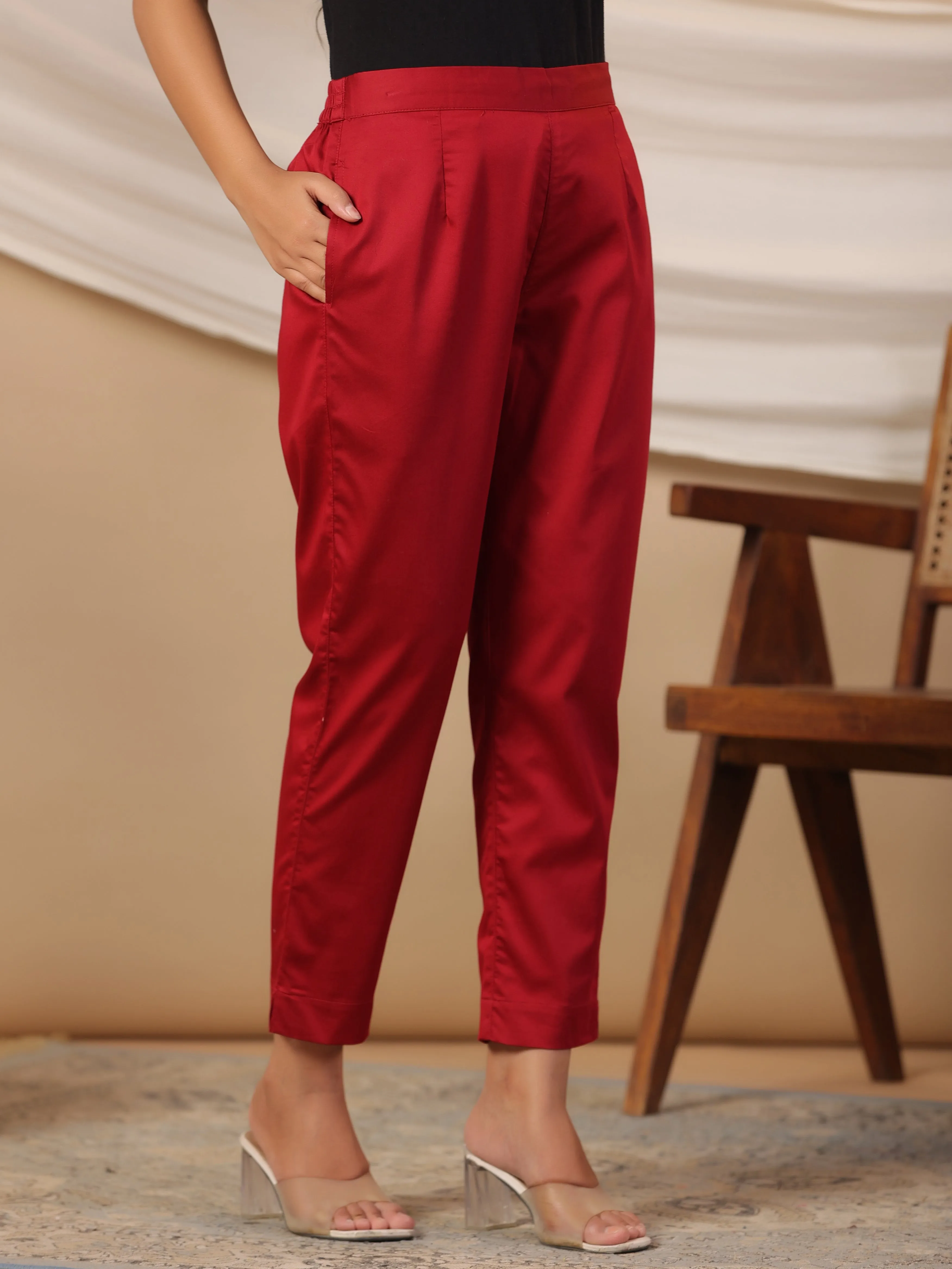 Jashvi Maroon Solid Lycra Women Drawstring Pants With Single Side Pocket