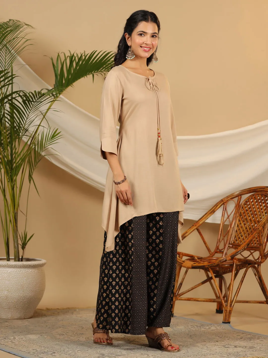 Juniper  Beige Solid Printed Rayon Slub Kurta With Palazzo set