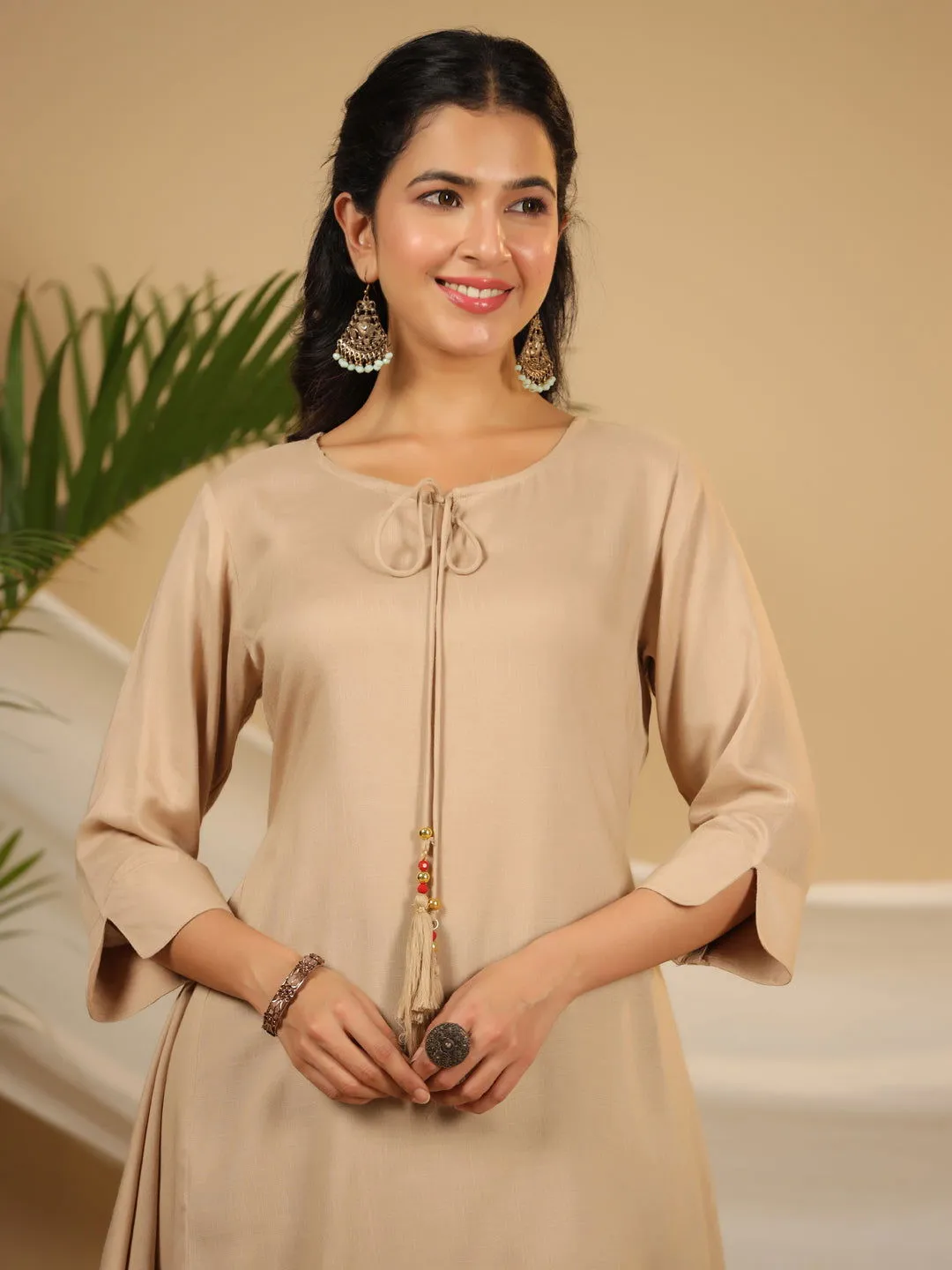 Juniper  Beige Solid Printed Rayon Slub Kurta With Palazzo set