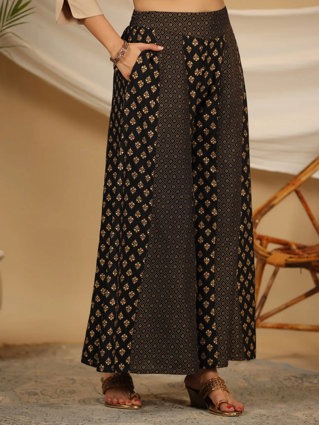 Juniper  Beige Solid Printed Rayon Slub Kurta With Palazzo set