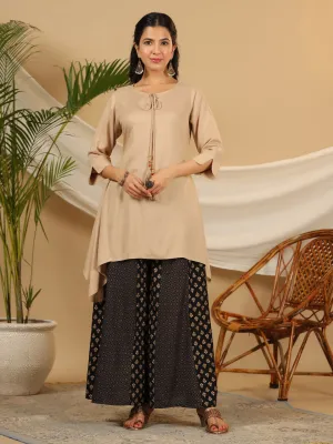 Juniper  Beige Solid Printed Rayon Slub Kurta With Palazzo set