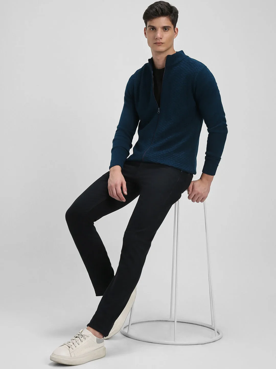 Men's Mock Regular Fit Solid Petrol Blue Sweater