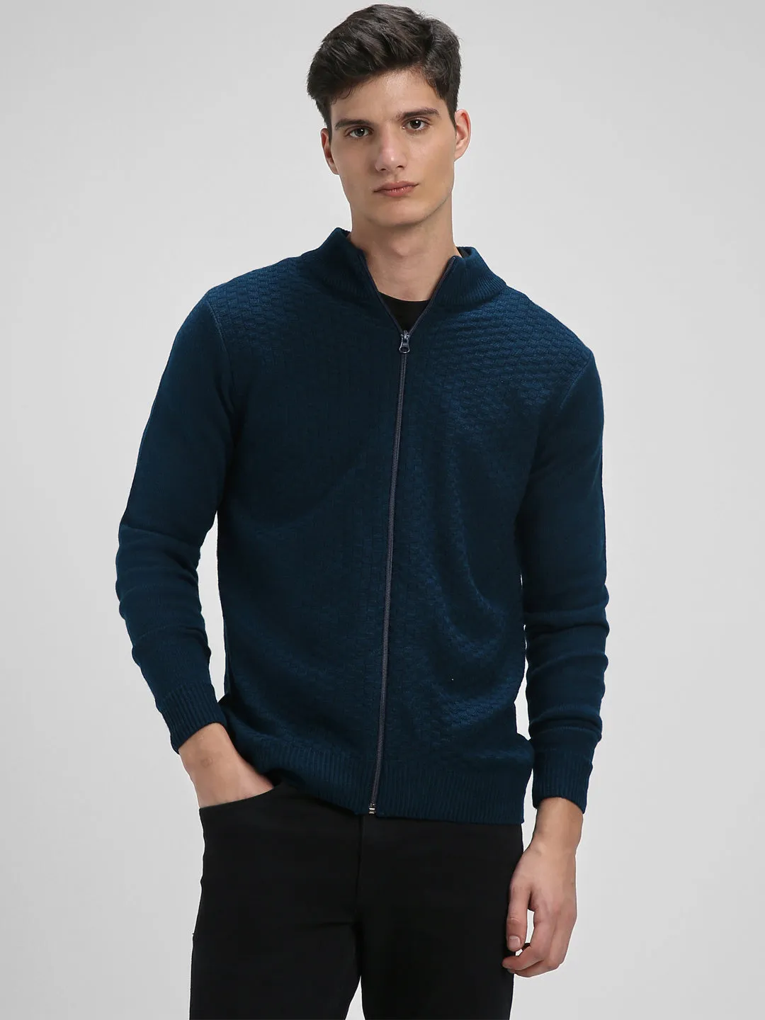 Men's Mock Regular Fit Solid Petrol Blue Sweater