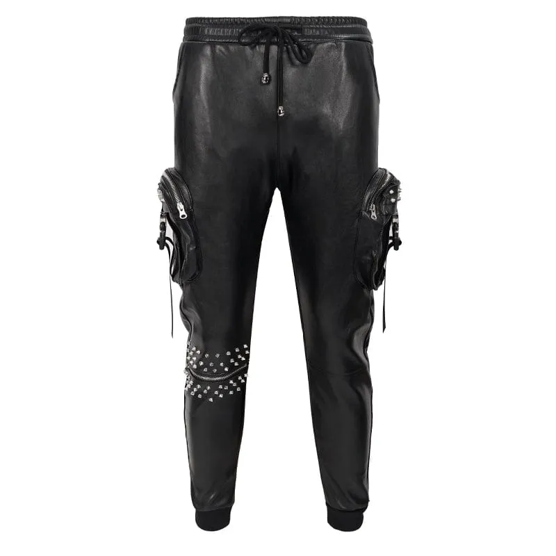 Men's Punk Big-pocket Rivets Faux Leather Pants