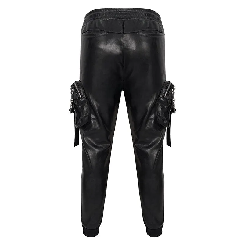 Men's Punk Big-pocket Rivets Faux Leather Pants