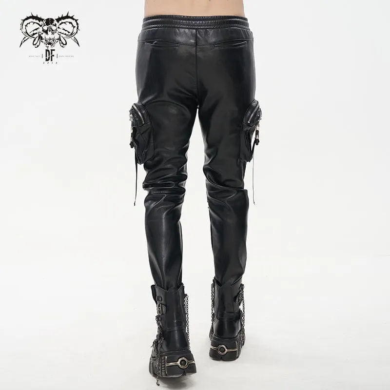 Men's Punk Big-pocket Rivets Faux Leather Pants