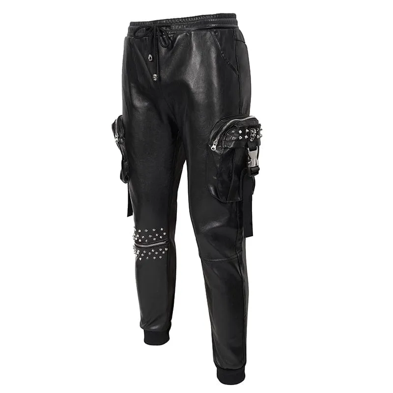 Men's Punk Big-pocket Rivets Faux Leather Pants