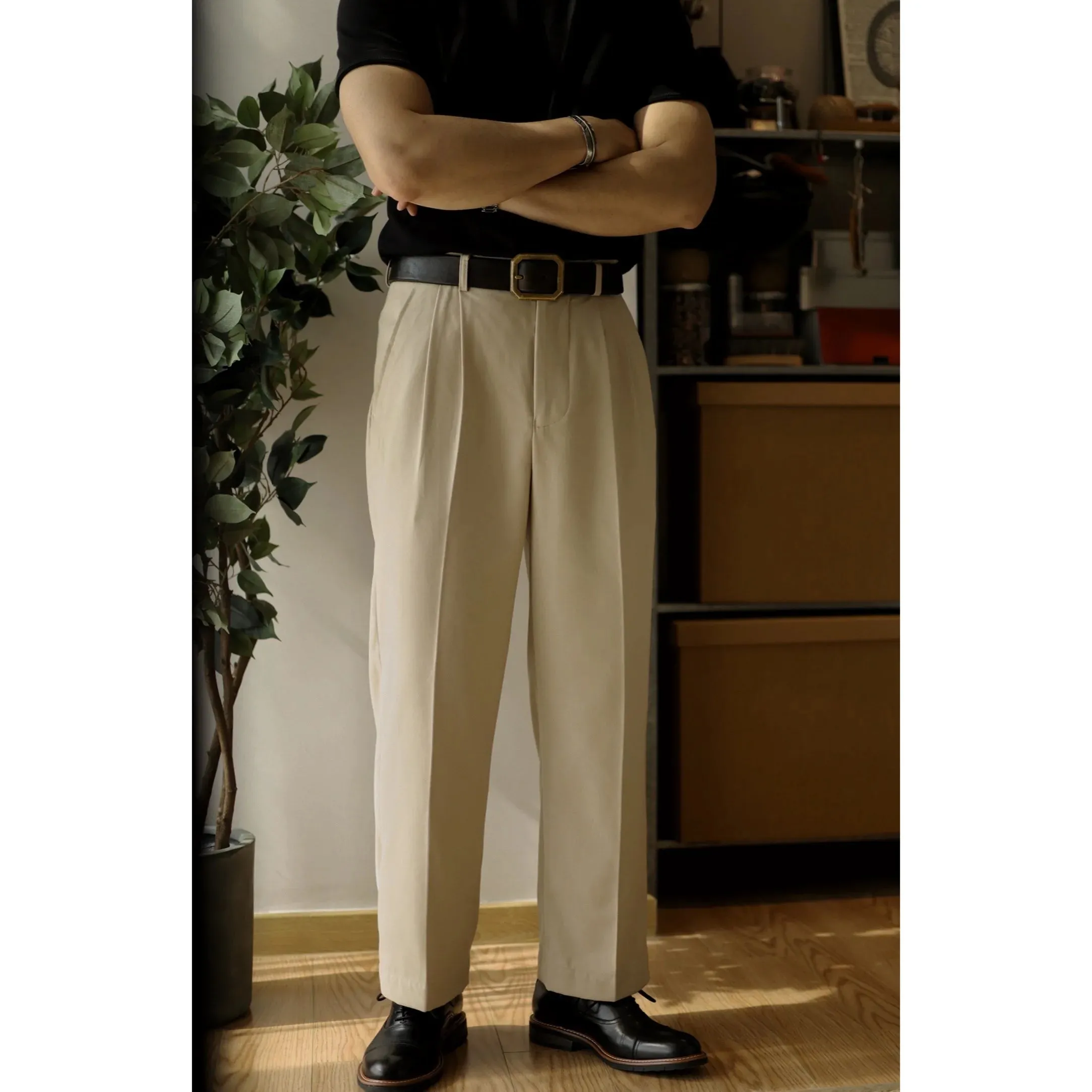 Men's Vintage High-Waisted Wide Leg Pants with Side Pocket