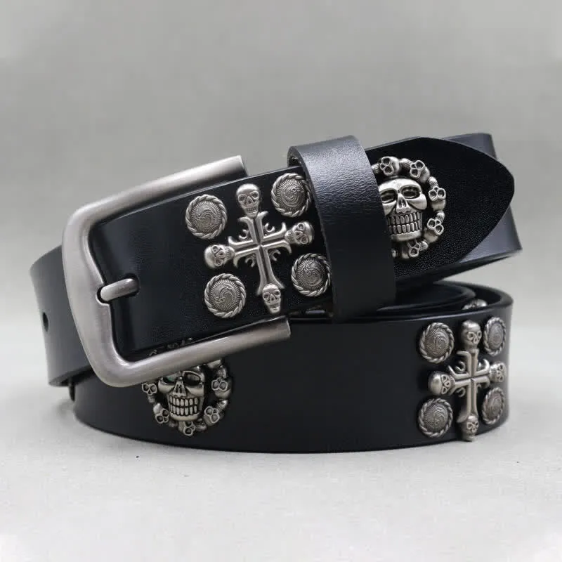 Metal Rivet Skull & Cross Pattern Studded Leather Belt