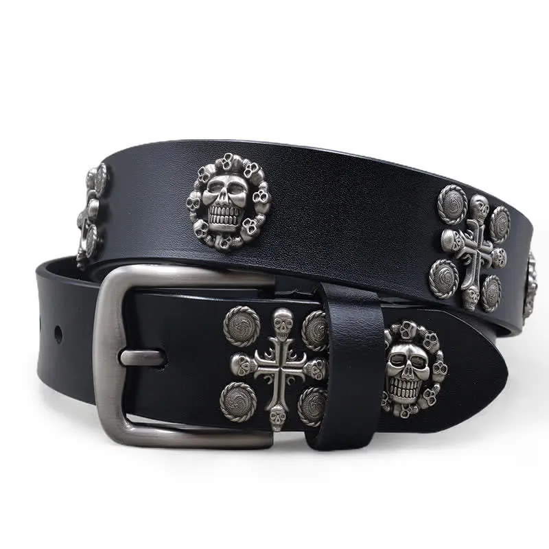 Metal Rivet Skull & Cross Pattern Studded Leather Belt