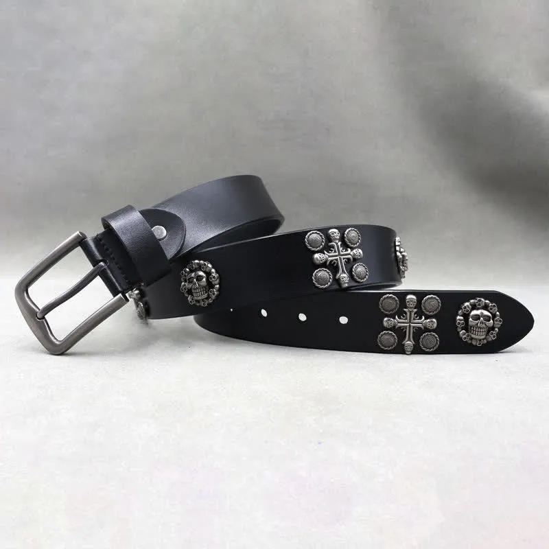 Metal Rivet Skull & Cross Pattern Studded Leather Belt