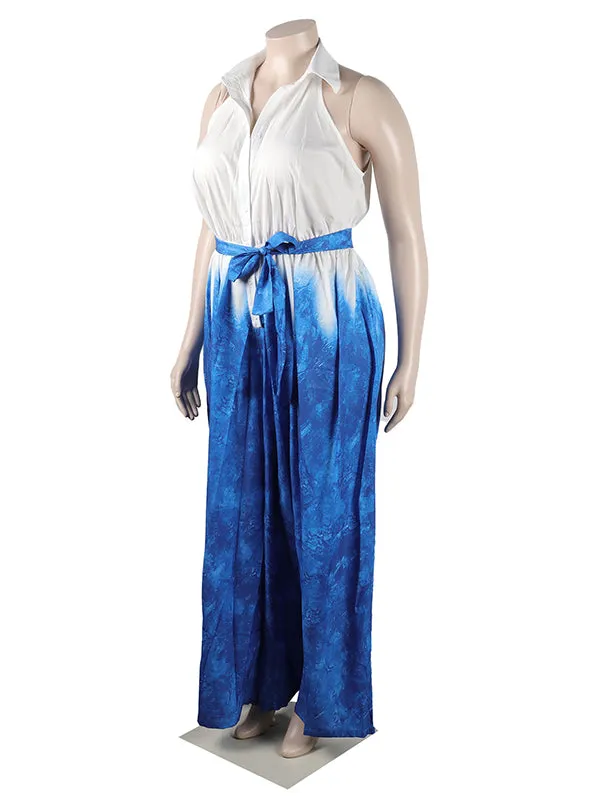 Momnfancy Tie Dye Belt Turndown Collar Fashion Plus Size Maternity Wide Leg Long Jumpsuit