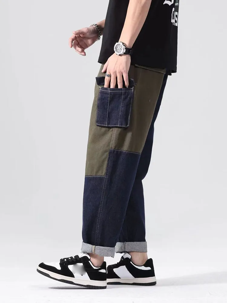 Patchwork Loose Straight Trendy Cropped Casual Wide Leg Pants For Men