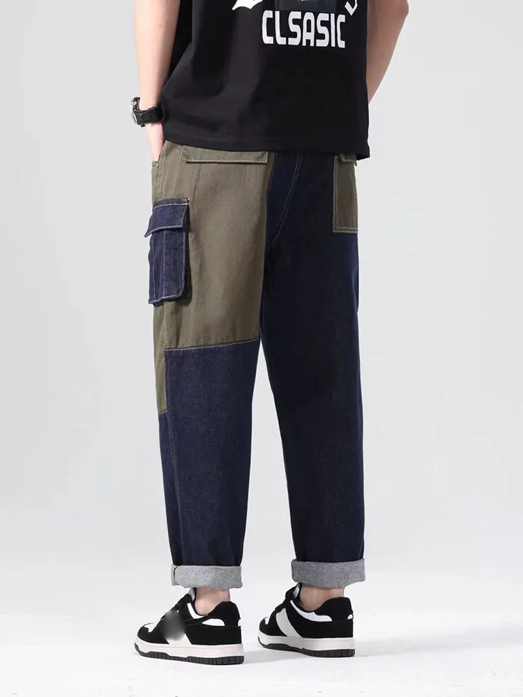 Patchwork Loose Straight Trendy Cropped Casual Wide Leg Pants For Men