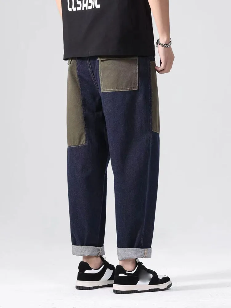 Patchwork Loose Straight Trendy Cropped Casual Wide Leg Pants For Men