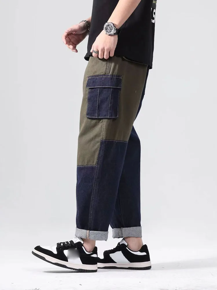 Patchwork Loose Straight Trendy Cropped Casual Wide Leg Pants For Men