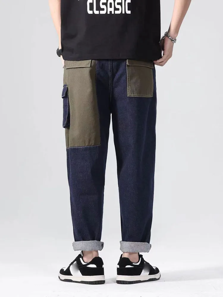 Patchwork Loose Straight Trendy Cropped Casual Wide Leg Pants For Men