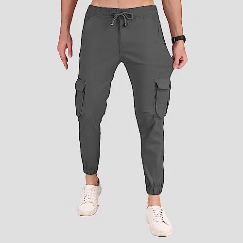 Plus 91 Latest Men Cargo Solid Danim Joggers Trousers Streetwear cross 6 multi Pockets Design Pants (32, Dark Grey)