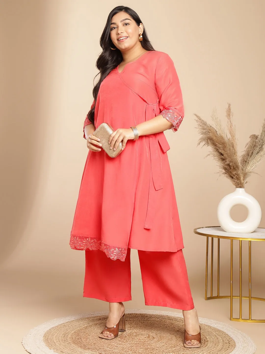 Plus Size Peach Muslin Solid Angrakha Kurta Set