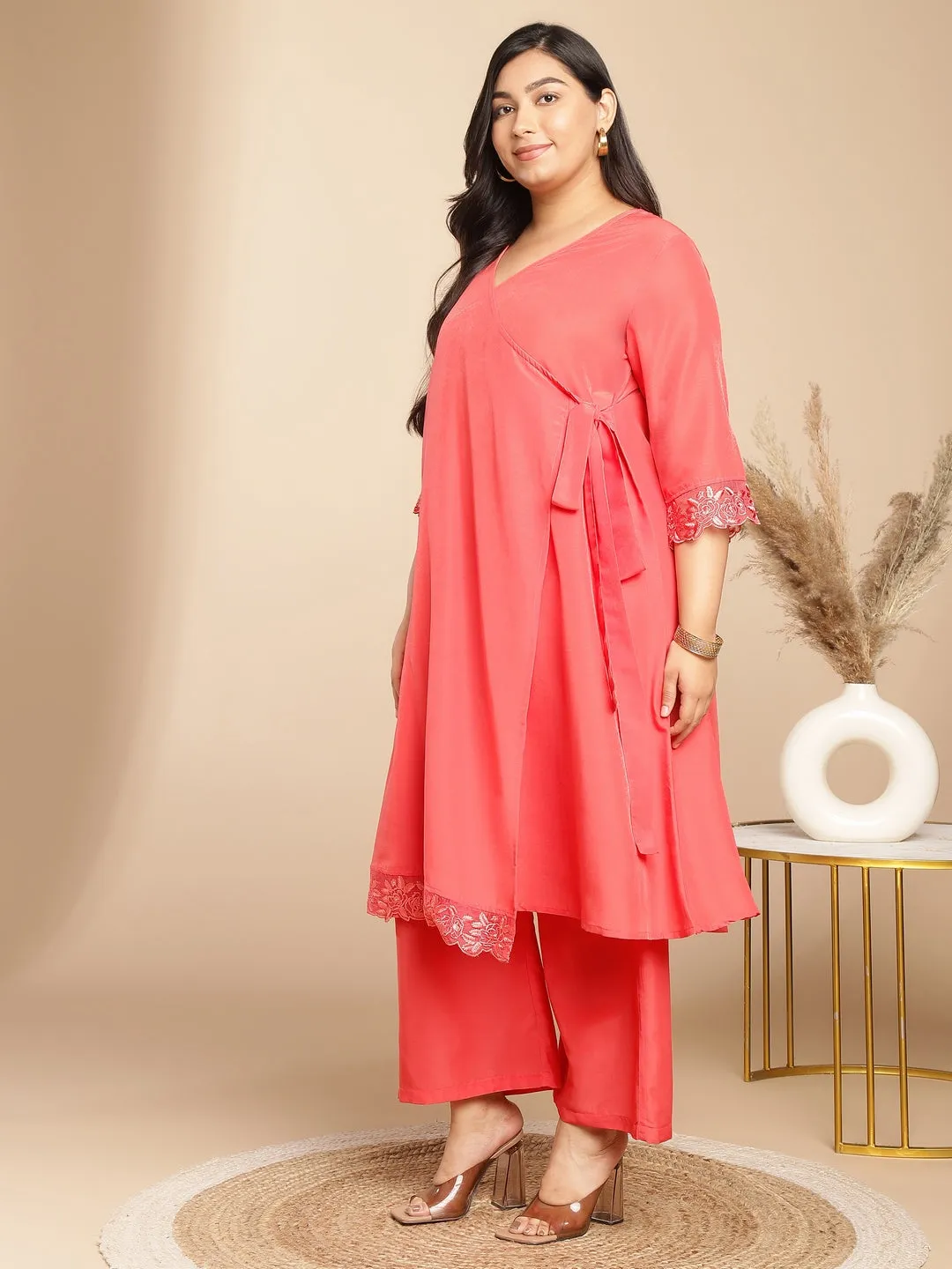 Plus Size Peach Muslin Solid Angrakha Kurta Set