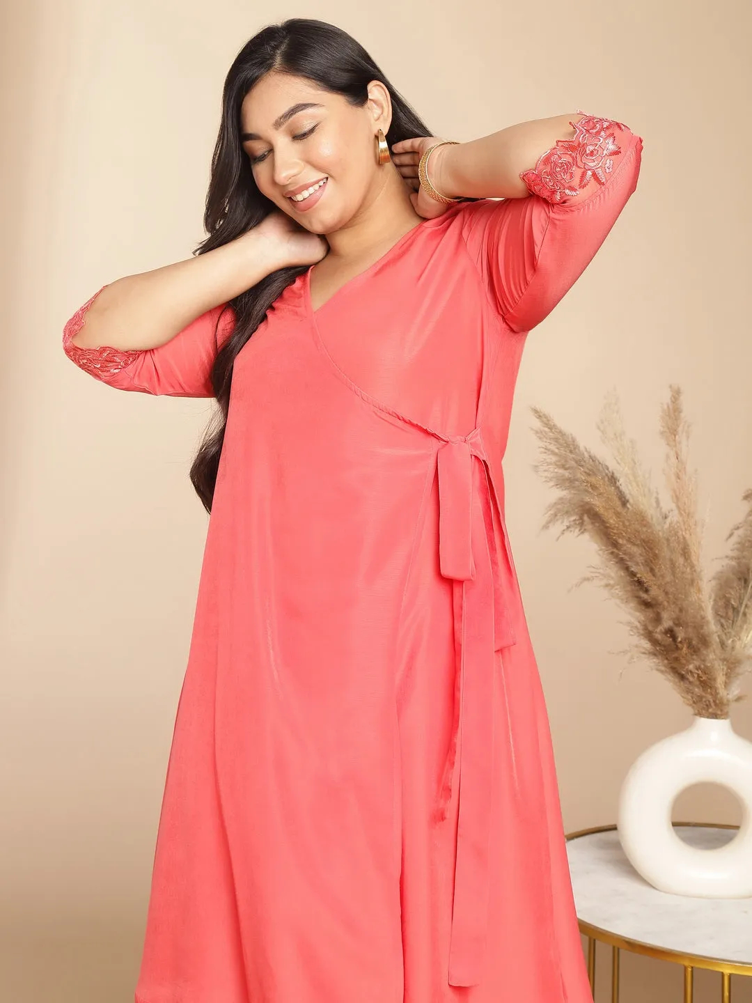 Plus Size Peach Muslin Solid Angrakha Kurta Set