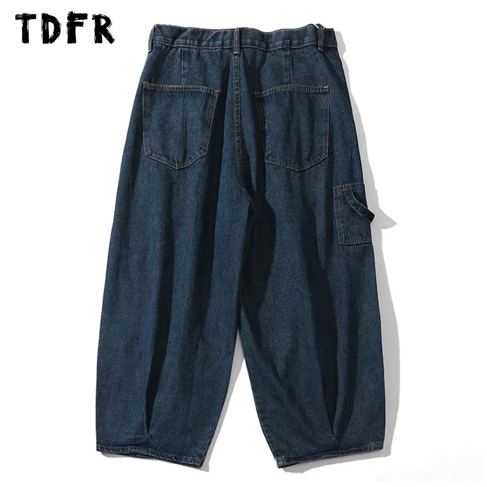 Pocket Cargo Jeans Mens Washed Casual Streetwear Loose Wide Leg Denim Pants