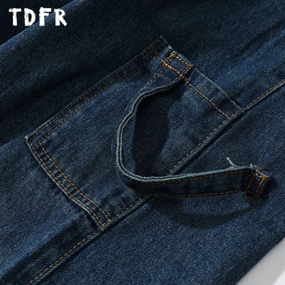 Pocket Cargo Jeans Mens Washed Casual Streetwear Loose Wide Leg Denim Pants