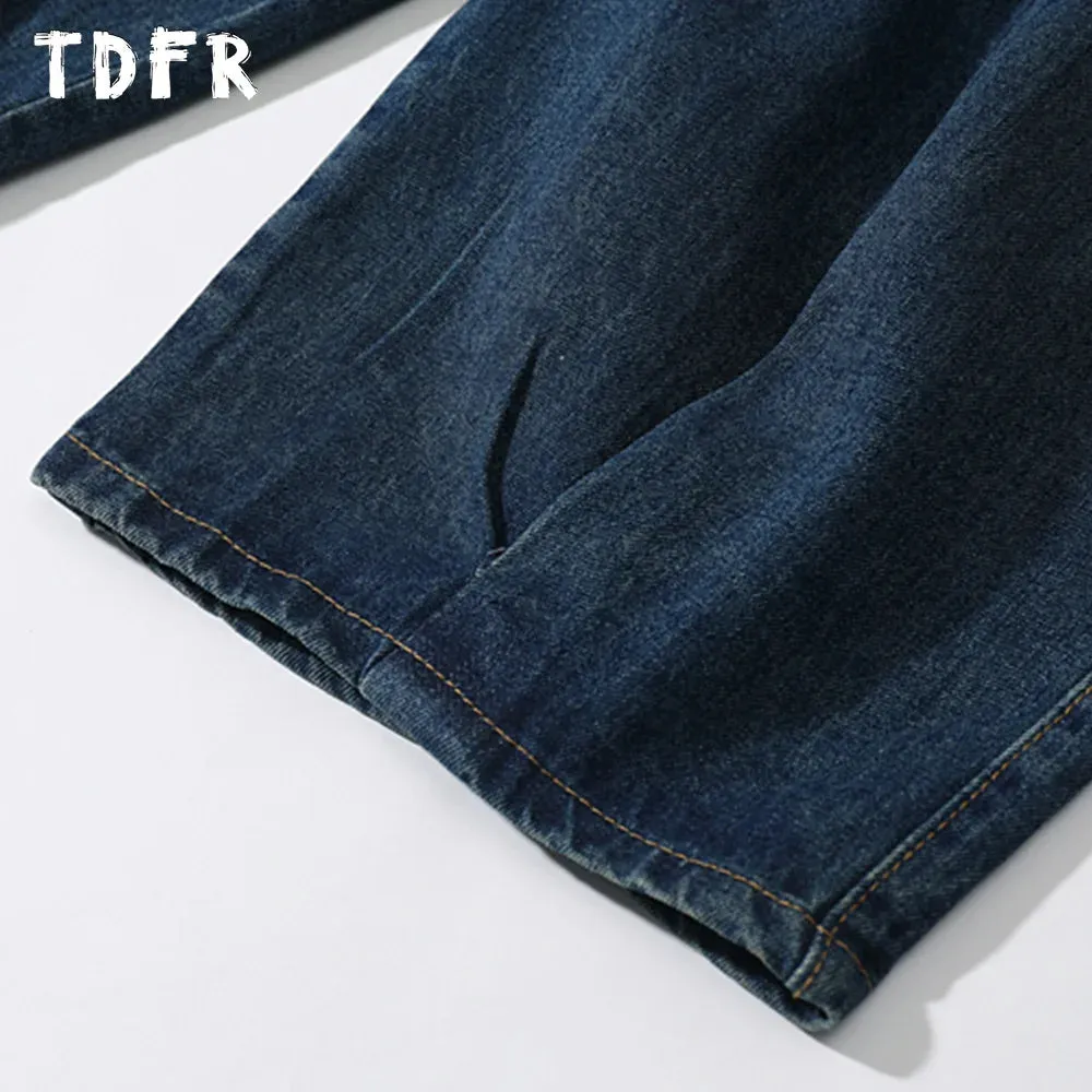 Pocket Cargo Jeans Mens Washed Casual Streetwear Loose Wide Leg Denim Pants