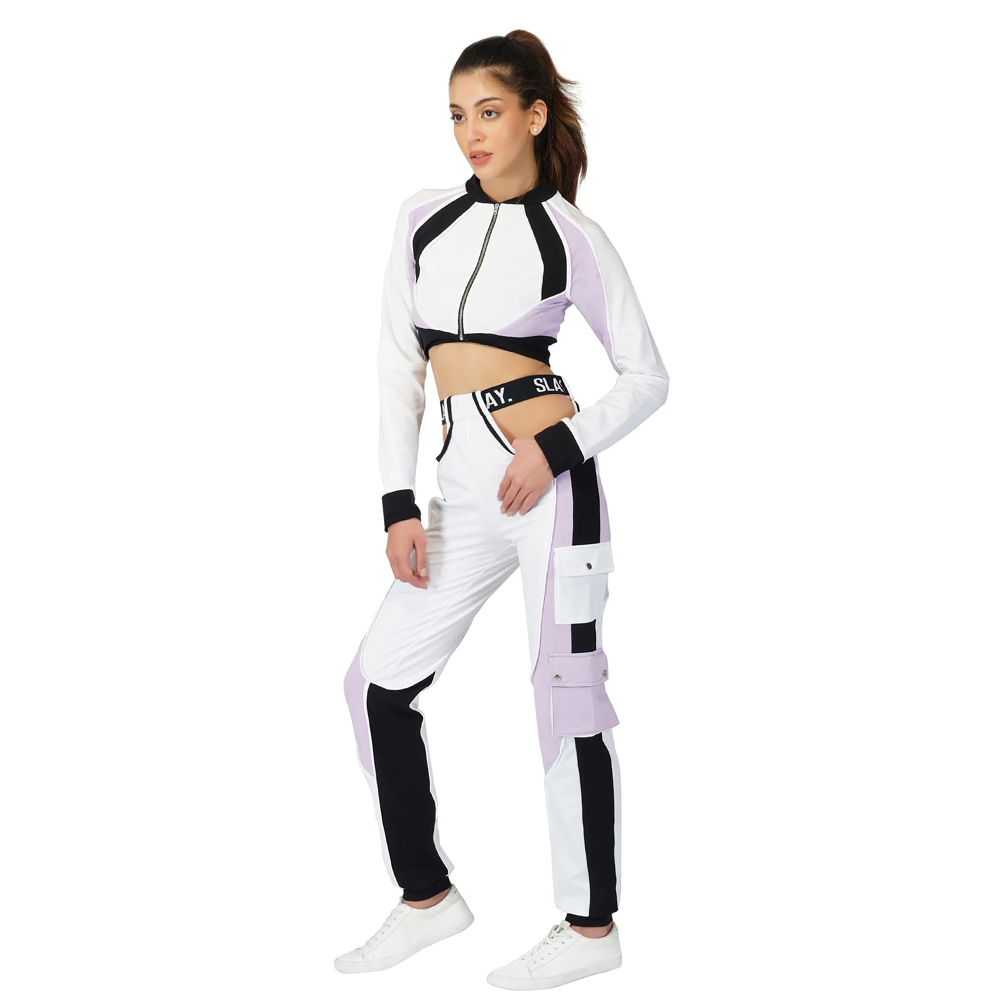 SLAY. Women's Lavender  Lilac White Black Co ord Set - Colorblock Crop Jacket & Cargo Pants